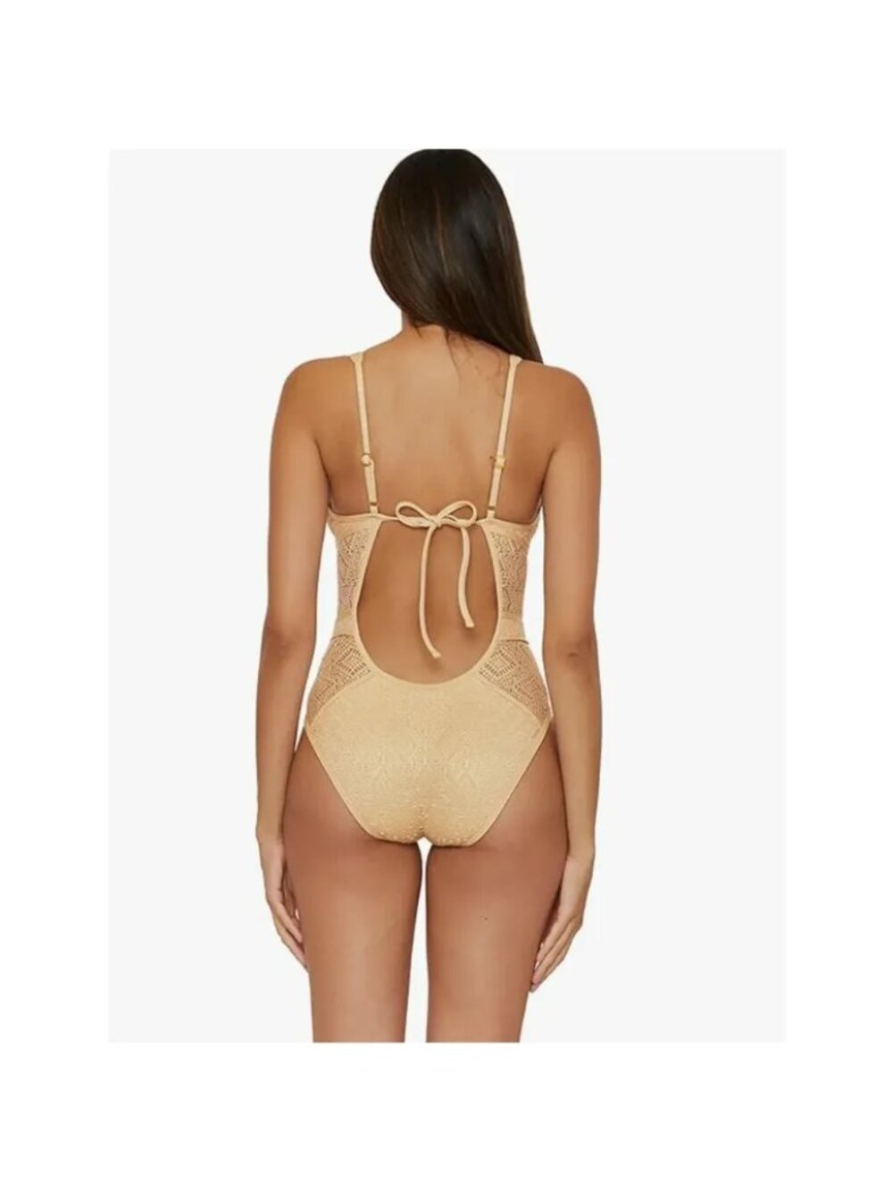 Becca Color Play Crochet Plunge One-Piece Swimsuit, Gold, M-NO REMOVABLE CUPS - Picture 3 of 15